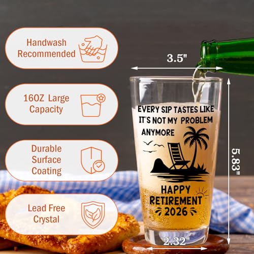 Zunaked Retirement Gifts for Men 2026 - Premium Beer Glass Retired Gifts for Dad, Mom, Grandpa or Husband - Best Retirement Gift for Coworker, Boss, Friend - 16 OZ Beer Glass - Image 3