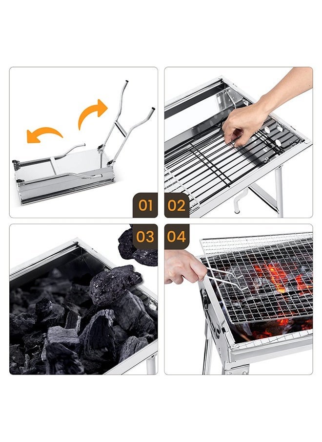 BASURRAH Portable Charcoal Grill Stainless Steel Folding Grill and Smoker Grill Outdoor Cooking Camping Hiking Picnic Garden Beach Party BBQ Tool Suitable for 5 to 10 People  - Image 2