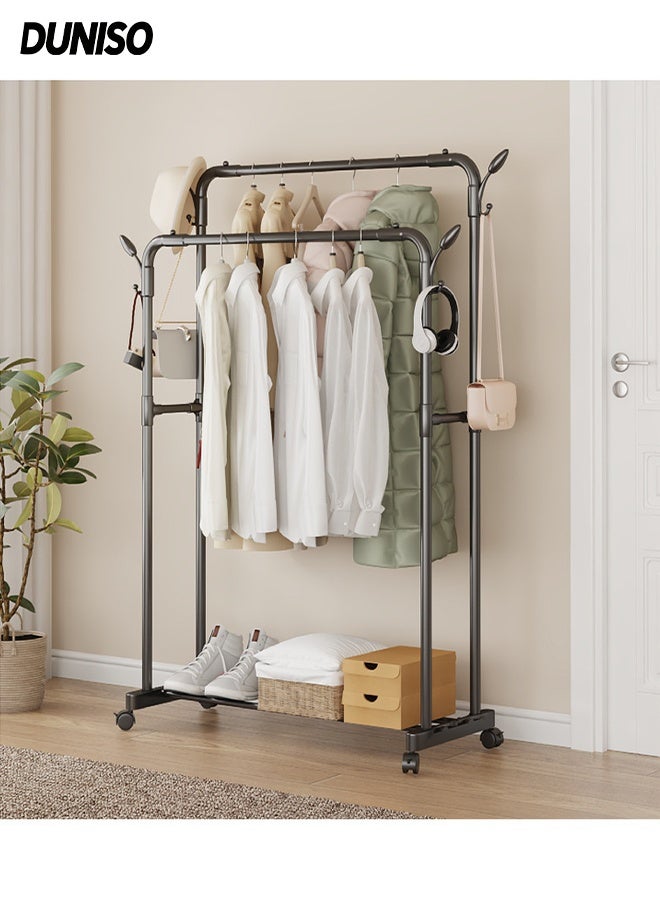 DUNISO Double Rods Clothes Rack with Roller, Metal Garment Rack with Shoe rack and Hooks, Multipurpose Clothes Hanger Organizer,Suitable for Bedrooms, Balconies and Living room (Black) - Image 1