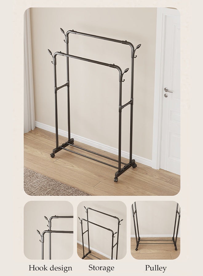DUNISO Double Rods Clothes Rack with Roller, Metal Garment Rack with Shoe rack and Hooks, Multipurpose Clothes Hanger Organizer,Suitable for Bedrooms, Balconies and Living room (Black) - Image 3