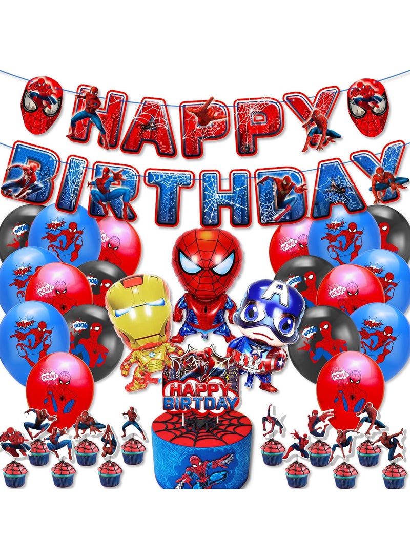 ستود مجموعة بالونات بتصميم سبايدرمان لتزيين حفلات أعياد الميلاد بعلم عيد ميلاد الأطفال وبطاقة كعكة متعددة الألوان - Image 1