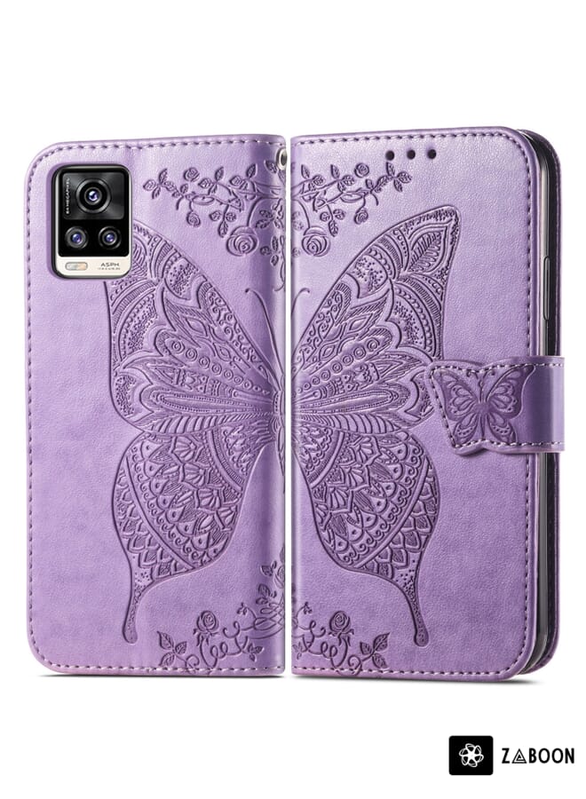 Zaboon حافظة جلدية قابلة للطي أفقية مزخرفة بأزهار الفراشة مع حامل وفتحات بطاقات ومحفظة وحبل حماية لجهاز vivo V20 2021 - Image 2