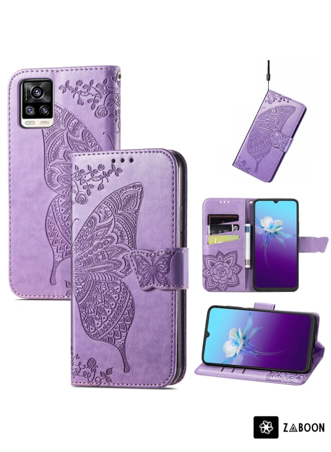 Zaboon حافظة جلدية قابلة للطي أفقية مزخرفة بأزهار الفراشة مع حامل وفتحات بطاقات ومحفظة وحبل حماية لجهاز vivo V20 2021 - Image 1