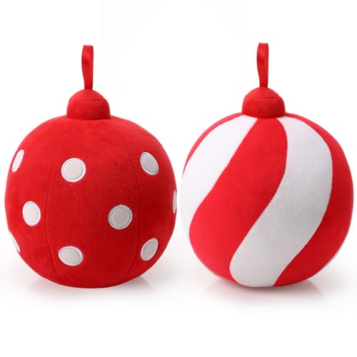 Lineshading 2 Pcs Christmas Pillows 7 Inch Round Christmas Ornament Shaped Throw Pillow Cute 3D Ball Xmas Throw Cushion Decoration for Bed Couch Sofa Chair Living RoomLight Red and White - Image 3