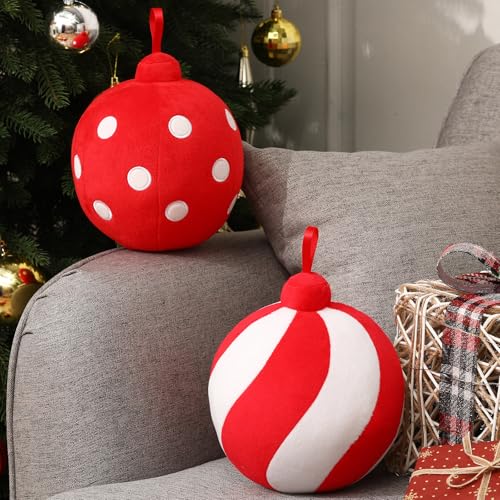 Lineshading 2 Pcs Christmas Pillows 7 Inch Round Christmas Ornament Shaped Throw Pillow Cute 3D Ball Xmas Throw Cushion Decoration for Bed Couch Sofa Chair Living RoomLight Red and White - Image 1