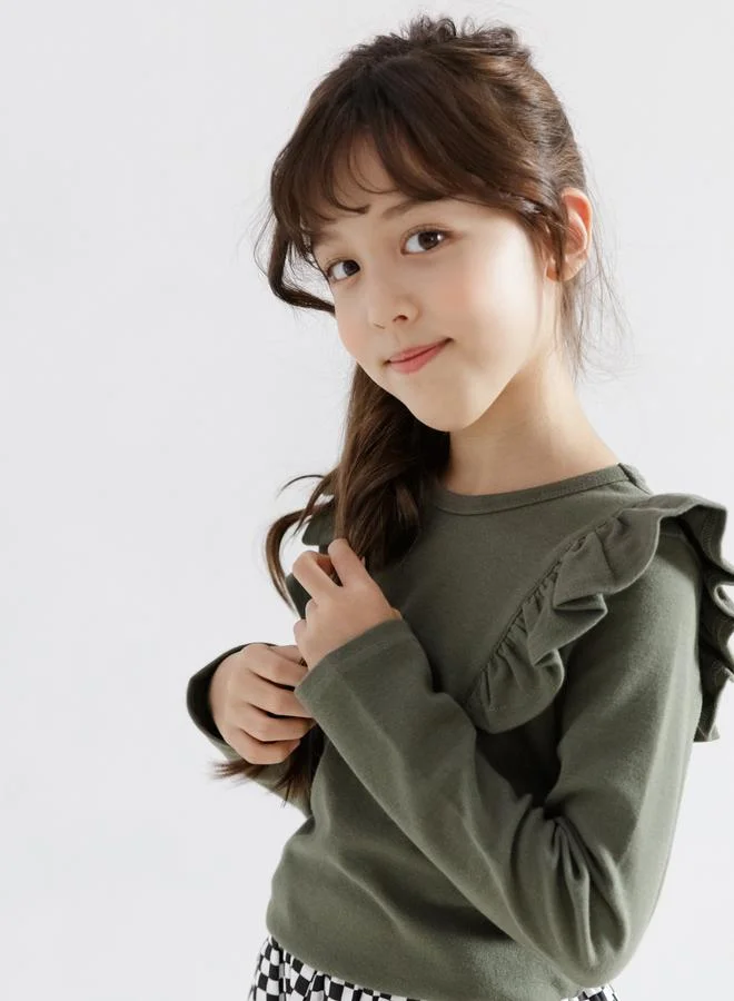 Take Two Girls Khaki Ruffle Long Sleeve Top
