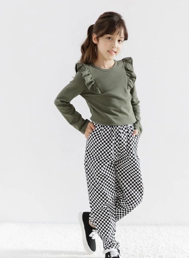 Take Two Girls Khaki Ruffle Long Sleeve Top