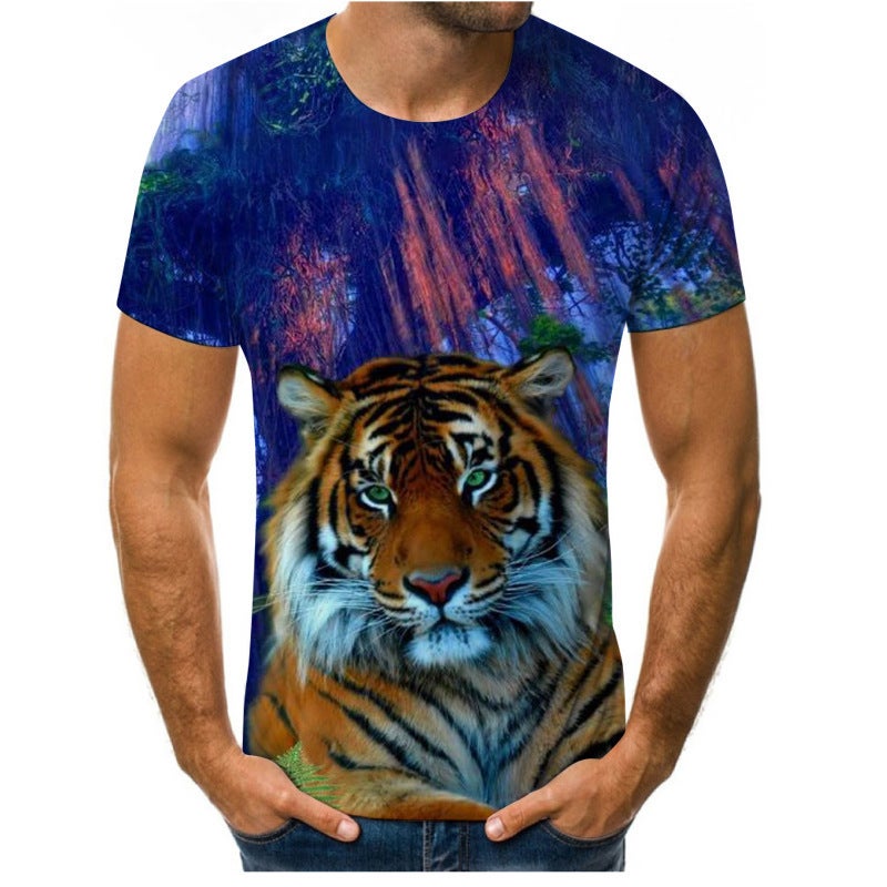 Men'S Short-Sleeved T-Shirt Lion Tiger 3D Digital Printing Round Neck T-Shirt Short-Sleeved Top - Image 3