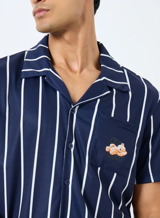Styli Styli Men Navy Blue Striped Resort Collar Shirt and Shorts Set
