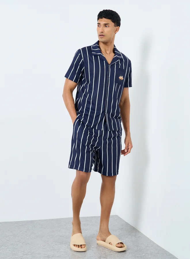 ستايلي Styli Men Navy Blue Striped Resort Collar Shirt and Shorts Set