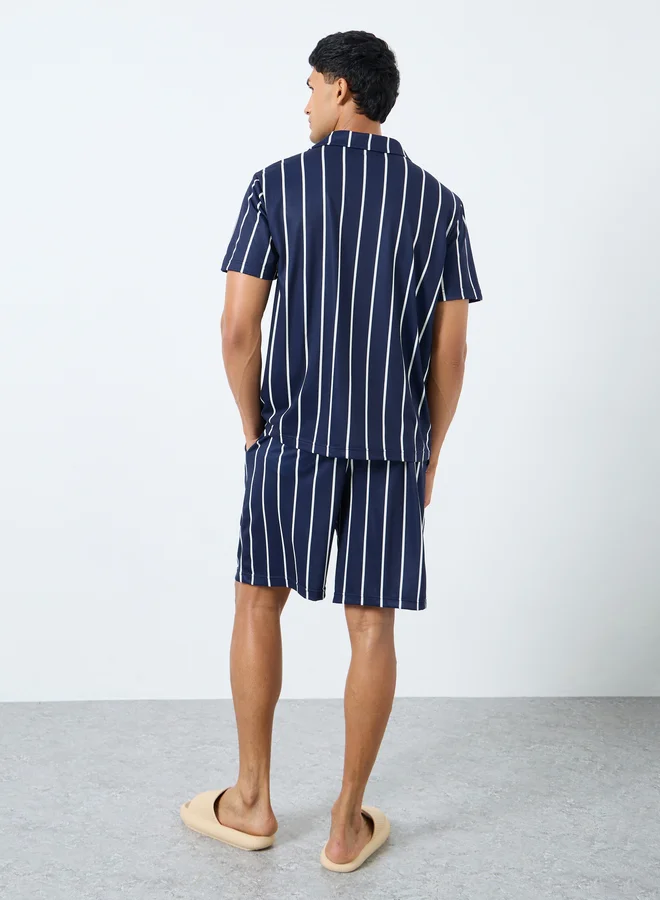 Styli Styli Men Navy Blue Striped Resort Collar Shirt and Shorts Set