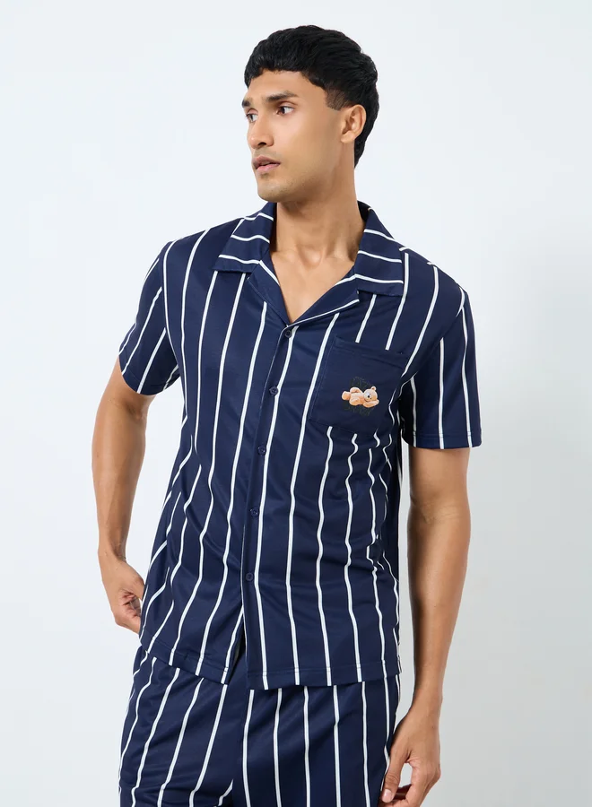 ستايلي Styli Men Navy Blue Striped Resort Collar Shirt and Shorts Set