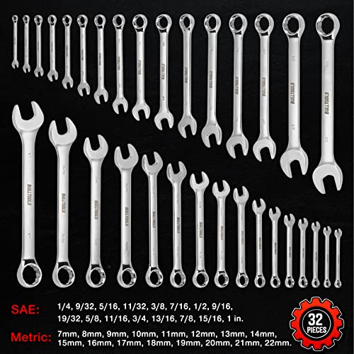 BULLTOOLS 32-Piece Combination Wrench Set, SAE and Metric 1/4"-1" & 7mm-22mm Wrenches Chrome Vanadium Steel Box End and Open End Standard Wrench Set with Case - Image 3