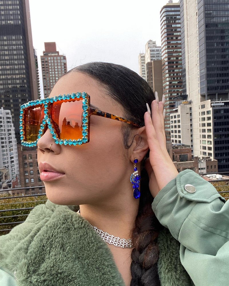 FEISEDY FEISEDY Oversized Sparkling Crystal Sunglasses Disco Diamond Flat Top Fashion Square Large Shades B2782  - Image 3