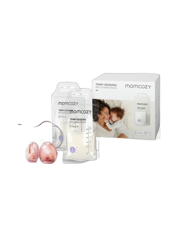 Momcozy Air 1 Wearable Breast Pump, Ultra-Slim Hands-Free Breast Pump with Wireless Charging Case, Top-View Visible, App Control & Breastmilk Storing Bags, Temp-Sensing Discoloration Milk Storing Bags for Breastfeeding, Disposable Milk Storage Bag with 6 Ounce Self Standing, No-Leak Milk Freezer Storage Pouches Bundle - Image 1