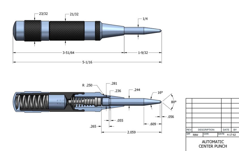 Starrett Steel Automatic Center Punch with Adjustable Stroke - 5-1/4" (130mm) Length, 11/16" (17mm) Punch Diameter, Lightweight, Knurled Steel Handle - 18C - Image 3