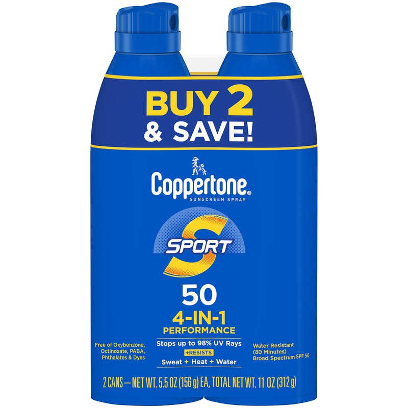 Coppertone Sport Sunscreen Spray SPF 50, Water Resistant Spray Sunscreen Pack, 5.5 Oz, Pack of 2 (Packaging May Vary) - Image 1