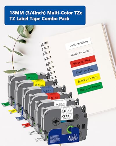 Labelwell 6-Pack TZ 18mm 0.7 Inch Laminated Multi Color Compatible for P Touch Label Tape TZe-141 241 441 541 641 741 for Ptouch PT-D400 PTD410 D610BT D600, Clear/White/Red/Blue/Yellow/Green - Image 2