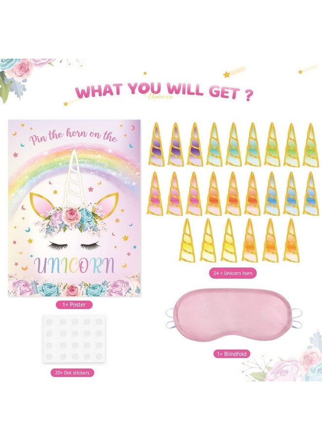 WERNNSAI Pin The Horn on The Unicorn Party Game - Unicorn Party Game Girls Rainbow Birthday Decorations for Kids 21'' x 28'' Poster with 24 Pcs Horn Stickers - Image 3