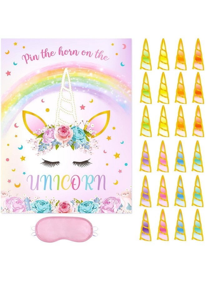 WERNNSAI Pin The Horn on The Unicorn Party Game - Unicorn Party Game Girls Rainbow Birthday Decorations for Kids 21'' x 28'' Poster with 24 Pcs Horn Stickers - Image 1