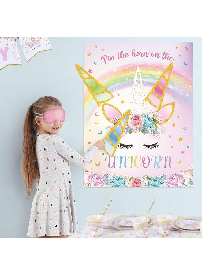 WERNNSAI Pin The Horn on The Unicorn Party Game - Unicorn Party Game Girls Rainbow Birthday Decorations for Kids 21'' x 28'' Poster with 24 Pcs Horn Stickers - Image 2