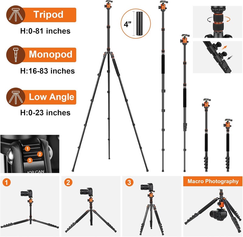 JOILCAN Tripod for Camera, 81" Aluminum Camera Tripod Stand, 83" DSLR Tripods & Monopods, Heavy Duty Travel Tripod for Binoculars Spotting Scope Telescope, Max Load 35lb - Image 2