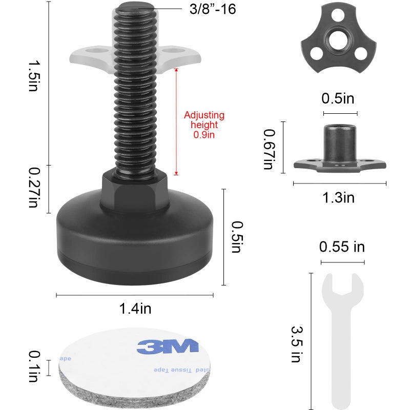 Sanchamy Heavy Duty Furniture Levelers 3/8''-16 Thread w/ T-Nut Kit Furniture Leveling Feet Adjustable Furniture Levelers for Tables,Cabinets,Chairs,Workbench,Sofa and More,Large Base Supports 1320LBs-4 Packs - Image 2
