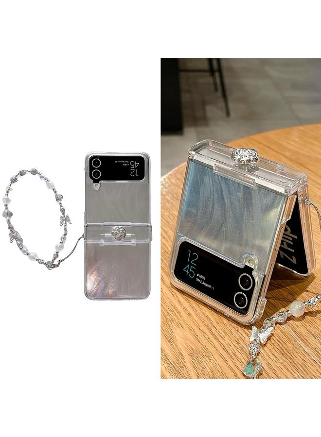 اس-توب جراب لهاتف Samsung Galaxy Z Flip4 5G مصنوع من الجلد ومزين بريش وشاش لامع وغطاء هاتف كاميليا مع سوار - Image 2