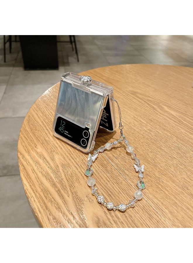 اس-توب جراب لهاتف Samsung Galaxy Z Flip4 5G مصنوع من الجلد ومزين بريش وشاش لامع وغطاء هاتف كاميليا مع سوار - Image 4