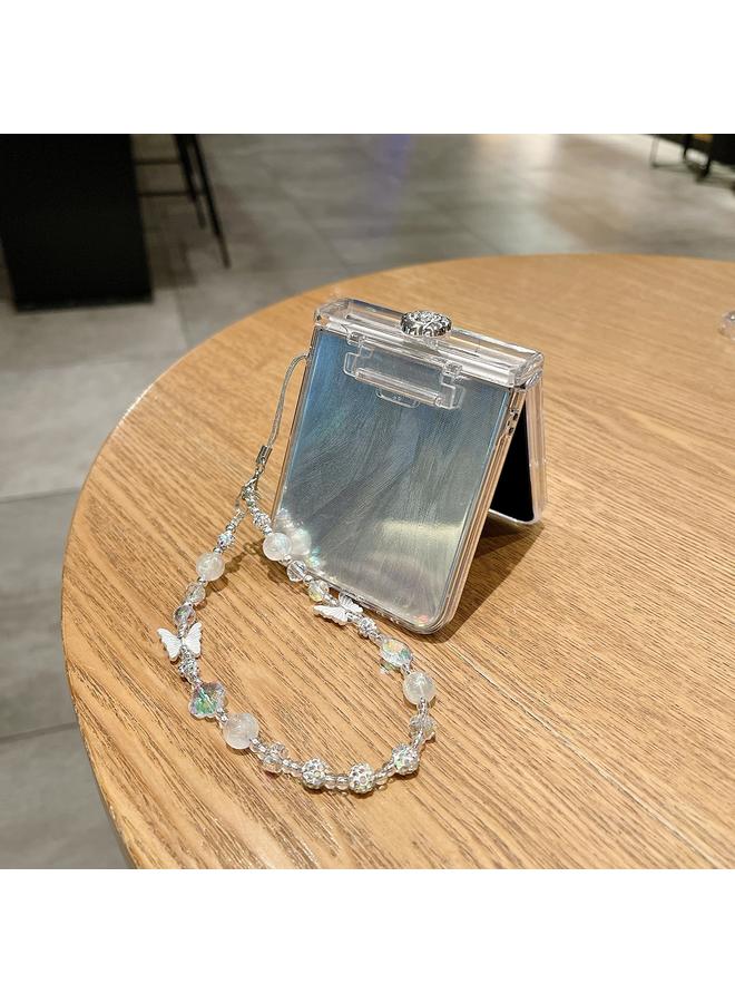 اس-توب جراب لهاتف Samsung Galaxy Z Flip4 5G مصنوع من الجلد ومزين بريش وشاش لامع وغطاء هاتف كاميليا مع سوار - Image 5