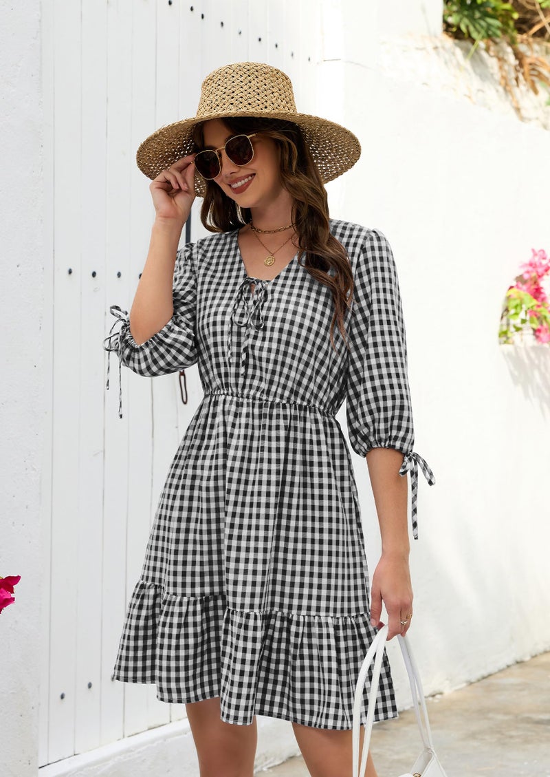 ECOWISH Women's Summer Mini Dress 2026 Tie Front V Neck 3/4 Sleeve A-Line Tiered Flowy Gingham Short Dresses with Pocket Black Small - Image 3