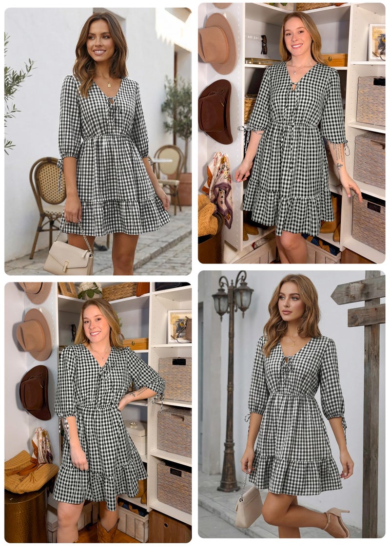 ECOWISH Women's Summer Mini Dress 2026 Tie Front V Neck 3/4 Sleeve A-Line Tiered Flowy Gingham Short Dresses with Pocket Black Small - Image 4