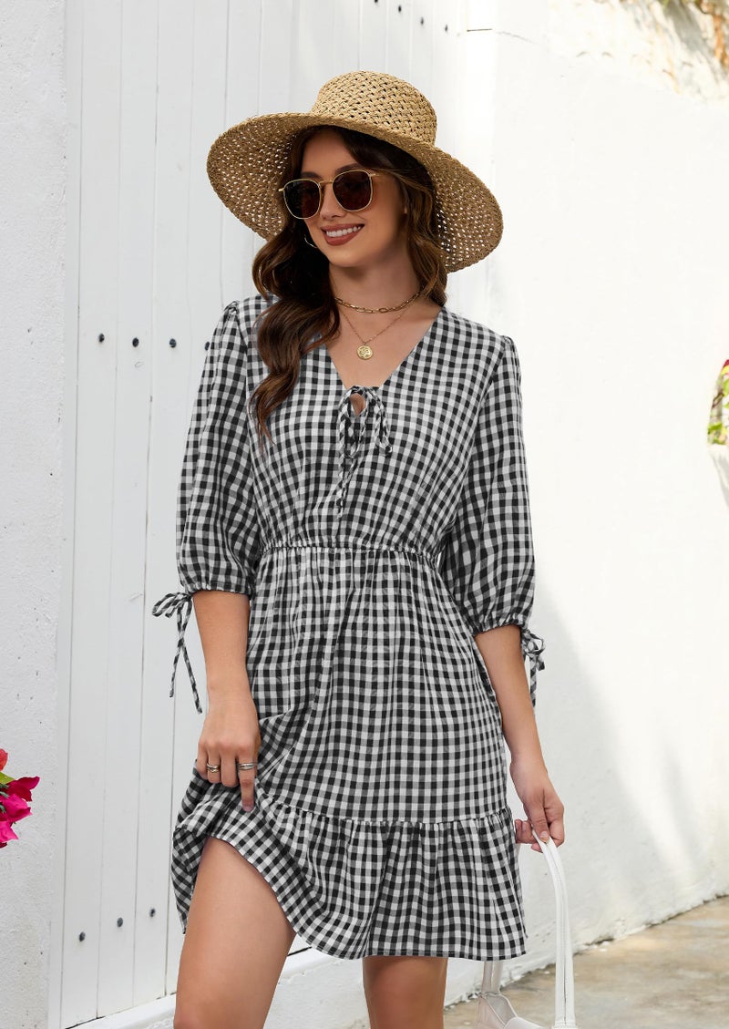 ECOWISH Women's Summer Mini Dress 2026 Tie Front V Neck 3/4 Sleeve A-Line Tiered Flowy Gingham Short Dresses with Pocket Black Small - Image 2