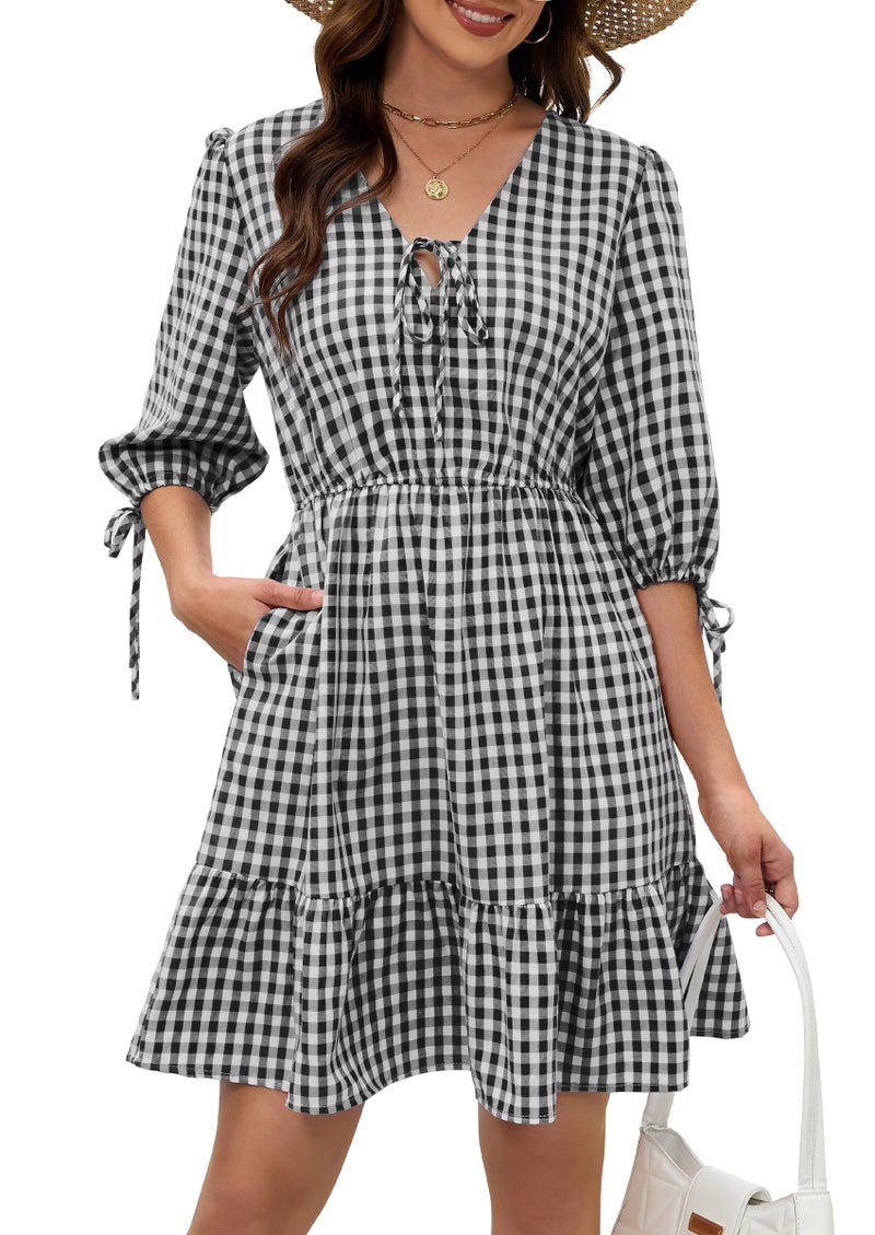 ECOWISH Women's Summer Mini Dress 2026 Tie Front V Neck 3/4 Sleeve A-Line Tiered Flowy Gingham Short Dresses with Pocket Black Small - Image 1