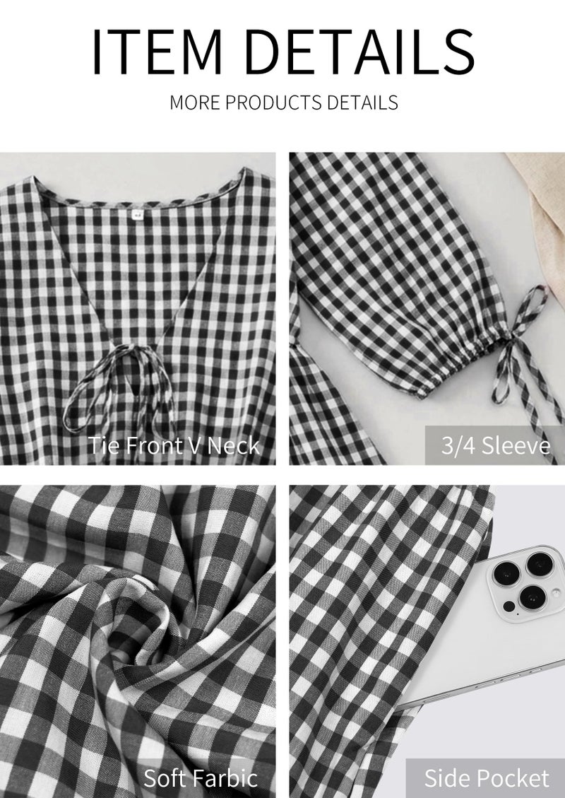 ECOWISH Women's Summer Mini Dress 2026 Tie Front V Neck 3/4 Sleeve A-Line Tiered Flowy Gingham Short Dresses with Pocket Black Small - Image 5