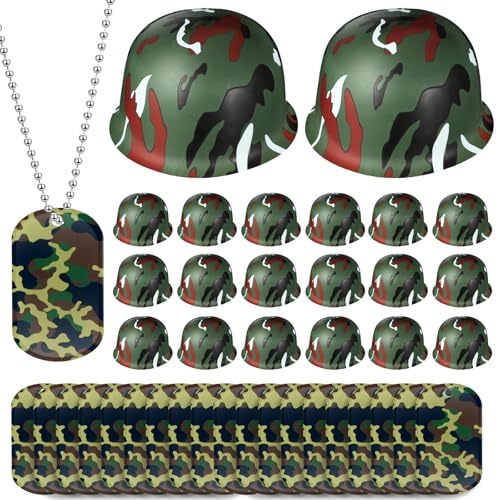 PullCrease 60 Pcs Army Party Favor Helmet Costume Includes Kid Plastic Camouflage Hats Military Dog Tags Chains - Image 1