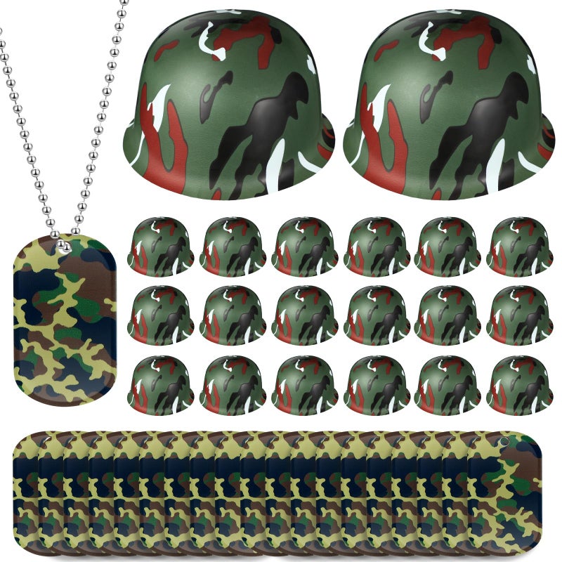 PullCrease 60 Pcs Army Party Favor Helmet Costume Includes Kid Plastic Camouflage Hats Military Dog Tags Chains - Image 3
