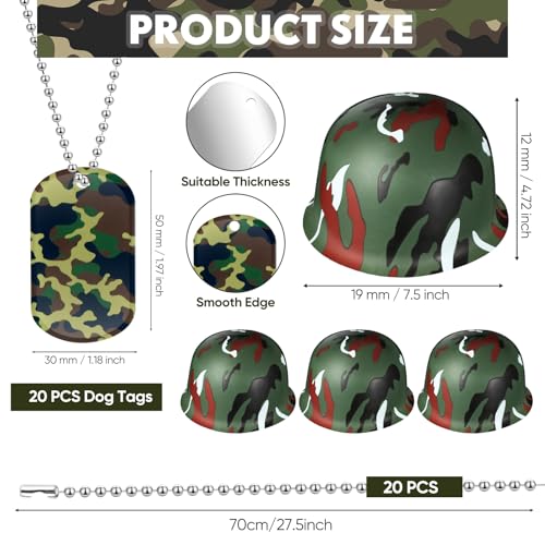 PullCrease 60 Pcs Army Party Favor Helmet Costume Includes Kid Plastic Camouflage Hats Military Dog Tags Chains - Image 5