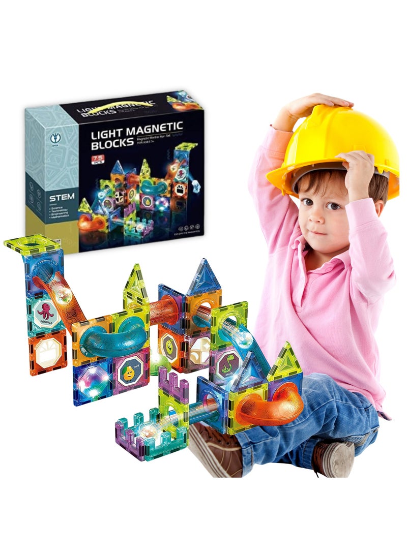 Dige - 75 Pcs Glowing Magnetic Tiles for Kids, Lighting Marble Run sets, Magna Tiles, Building & Construction Toys. - Image 1