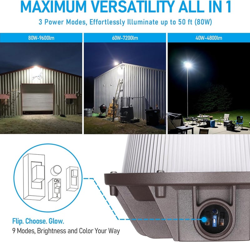TORCHSTAR 3CCT LED Barn Light, Dusk to Dawn Area Lights with Photocell, Outdoor Security Flood Lighting, Update 40W/60W/80W Selectable, ETL Listed, IP65 Waterproof, Aluminum, 120-277V, Garage, Bronze - Image 2