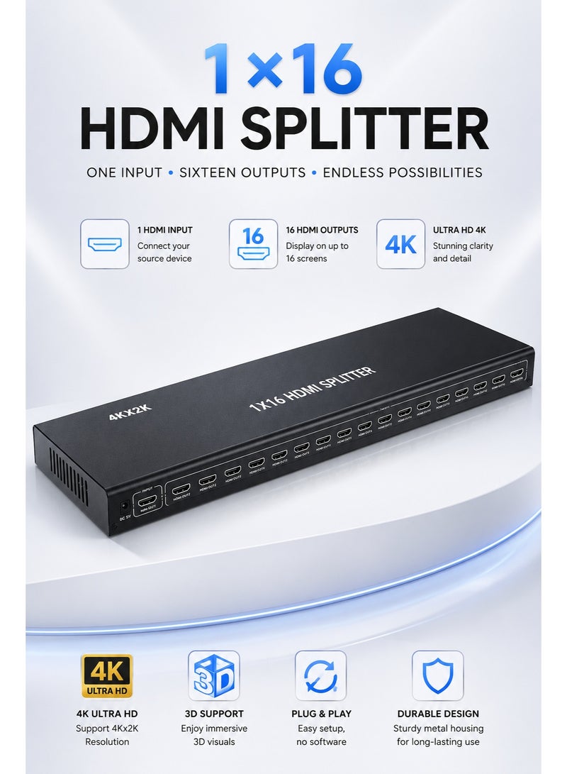 HD 16 Port HDMI Splitter 1x16 4K Ultra HD | HDMI Splitter 1 in 16 Out | Supports 4K, 2K, 3D, Full HD 1080P | Powered HDMI Distributor for TV, Monitor, Projector, Digital Signage & Conference Rooms - Image 1