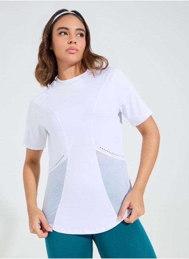 Styli Laser Cut & Stitch Detail Curved Hem Short Sleeve Top  - Image 1