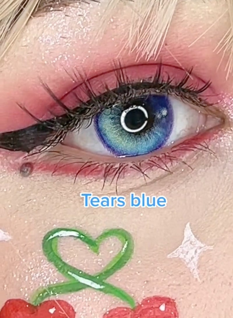 Unibling Tears Blue Yearly Colored Contact Lenses, Unisex Cosmetic Contact Lenses, Enlargement Collection, Light Blue, With Case - Image 2
