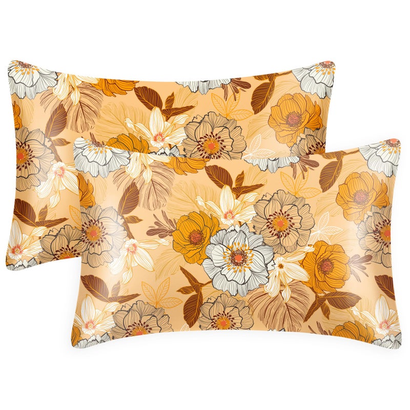 EXQ Home Satin Pillowcase for Hair and Skin Queen - Printed Autumn Flowers Silk Pillow Cases 2 Pack 20x30 inches - Satin Pillow Cases Set of 2 with Envelope Closure, Gifts for Women Men - Image 1