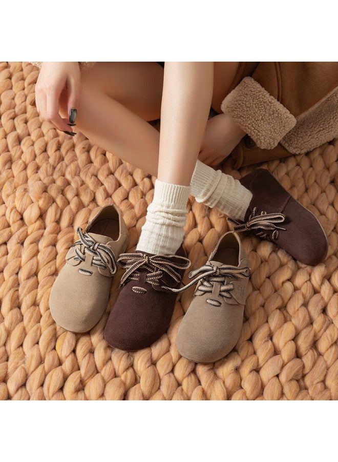 Red Dragonfly Women's Shoes, Spring And Summer Closed-toe Retro Suede Round Toe Versatile Lace-up Flats Wbb34451 Coffee Color Size 35 - Image 3