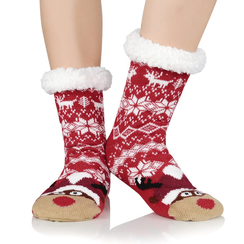 Zando Women's Winter Cozy Animal Fuzzy Slipper Socks with Grippers - Super Soft Warm Fleece Lined Non Slip Comfy Fluffy Sleeping Cabin Socks Slippers - Christmas Hat Moose - Image 1