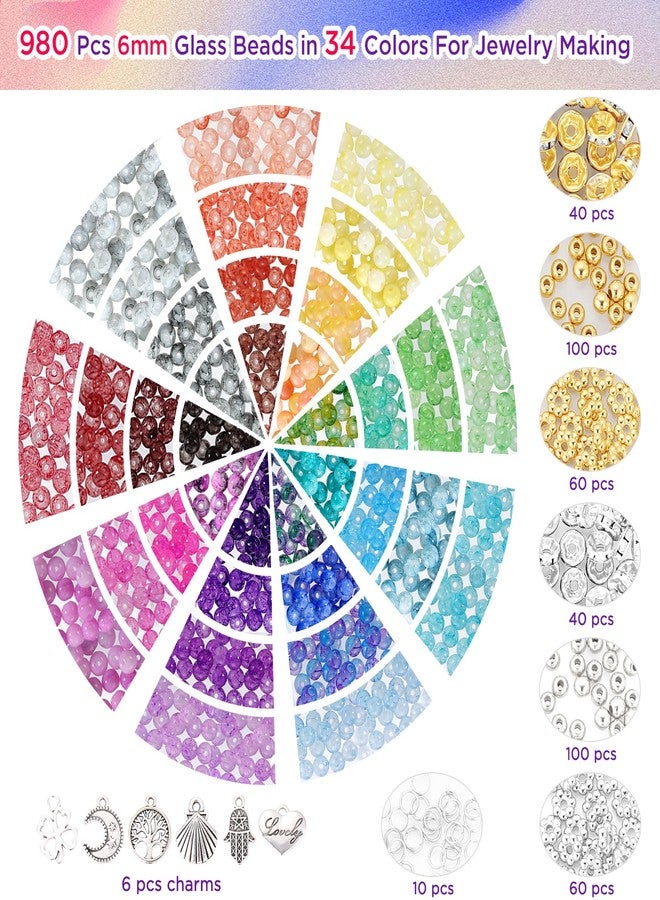 Funtopia 6mm Glass Beads for Jewelry Making, 1396pcs Ink Patterns Crystal Beads for Bracelets, Funtopia 34 Colors Round Glass Beads Kits for Necklace DIY Earrings Crafts with Spacer Beads and Charms - Image 2