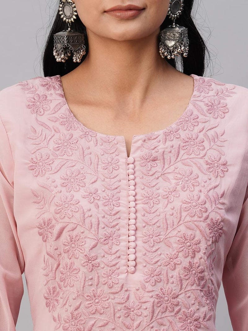 RATAN Women's Georgette Straight Lucknowi Chikankari Ethinic Wear Regular Fit Kurta (Mhm-Onn-S_Onion Pink) - Image 3