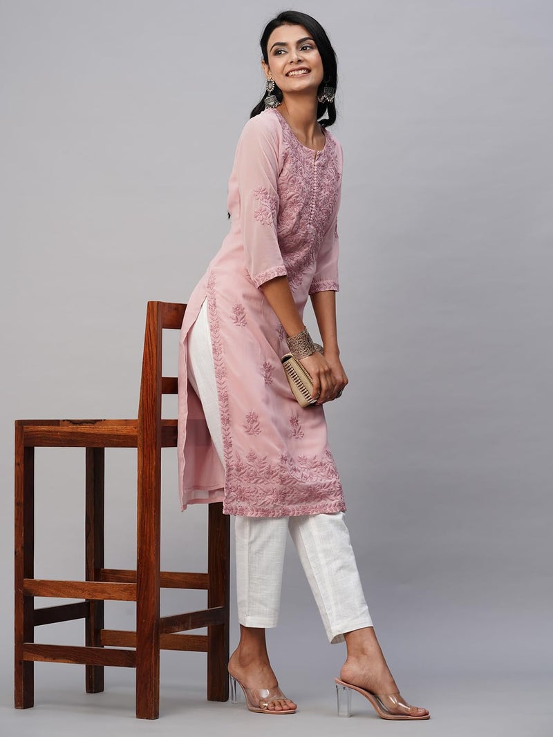 RATAN Women's Georgette Straight Lucknowi Chikankari Ethinic Wear Regular Fit Kurta (Mhm-Onn-S_Onion Pink) - Image 2