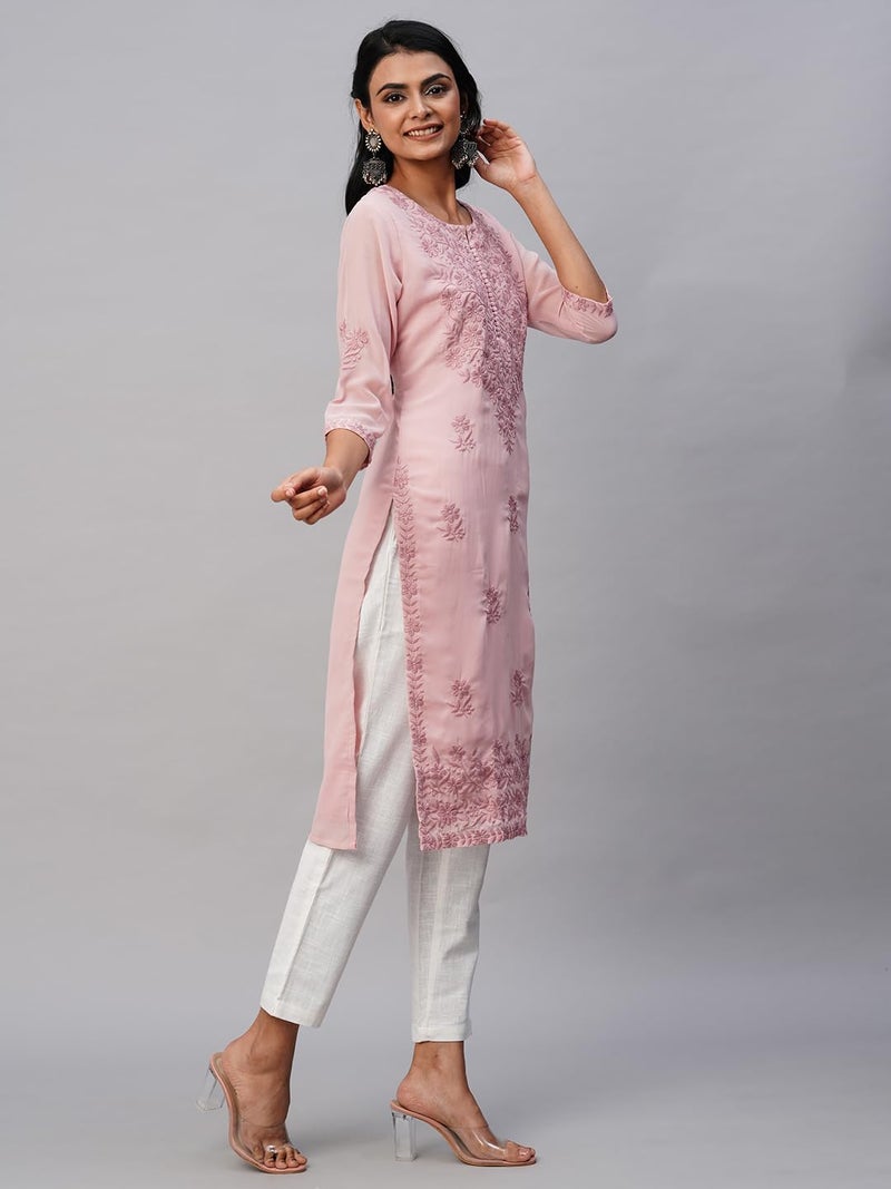 RATAN Women's Georgette Straight Lucknowi Chikankari Ethinic Wear Regular Fit Kurta (Mhm-Onn-S_Onion Pink) - Image 5
